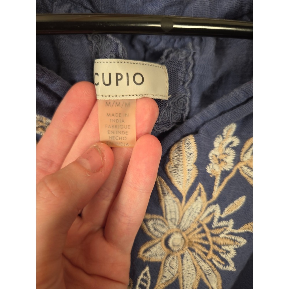 Cupio Blue Cotton Embroidered Peplum Top V-Neck 3/4 Sleeve Boho Blouse Medium - Picture 4 of 6